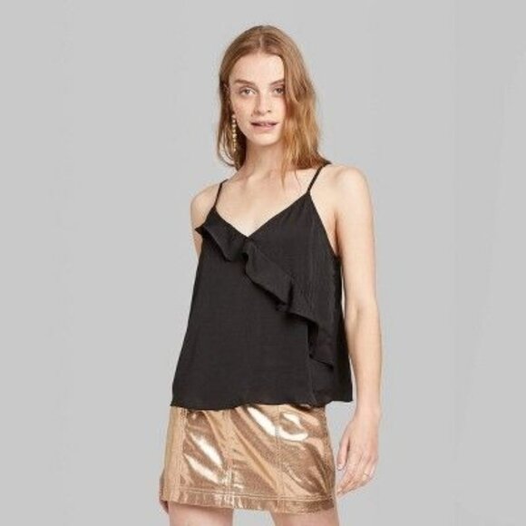 Women's Sleeveless V-Neck Ruffle Front Satin Cami Top - Wild Fable Black L - Picture 1 of 8